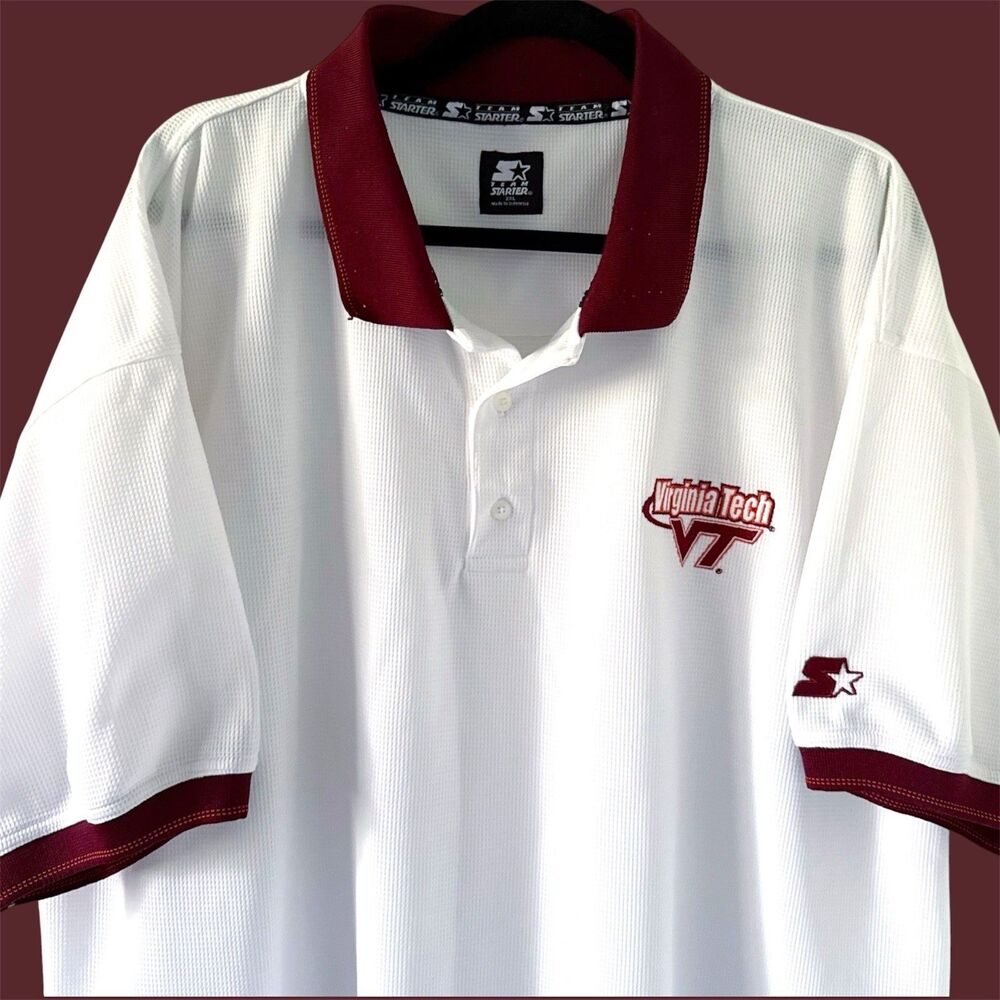 Vintage Virginia Tech VT Hokies Polo STARTER Mens Size 2XL XXL White Waffle Knit